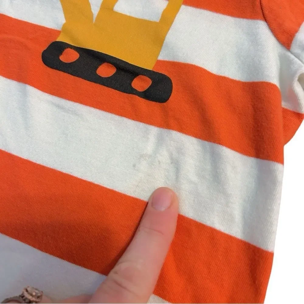 Hanna Andersson Orange and White Excavator Baby Romper, Size 3-6‎ mo.